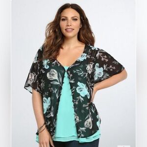 TORRID BUTTON FRONT FLORAL CHIFFON SHEER PLUS 1X WOMENS LAYER BLOUSE TOP